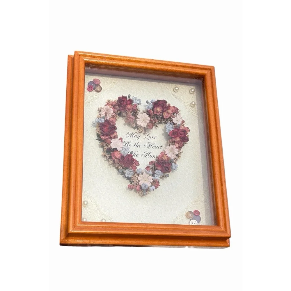 Vintage Floral Heart Dried Flowers Shadow Box Hanging Wall Decor, Love 8x10
